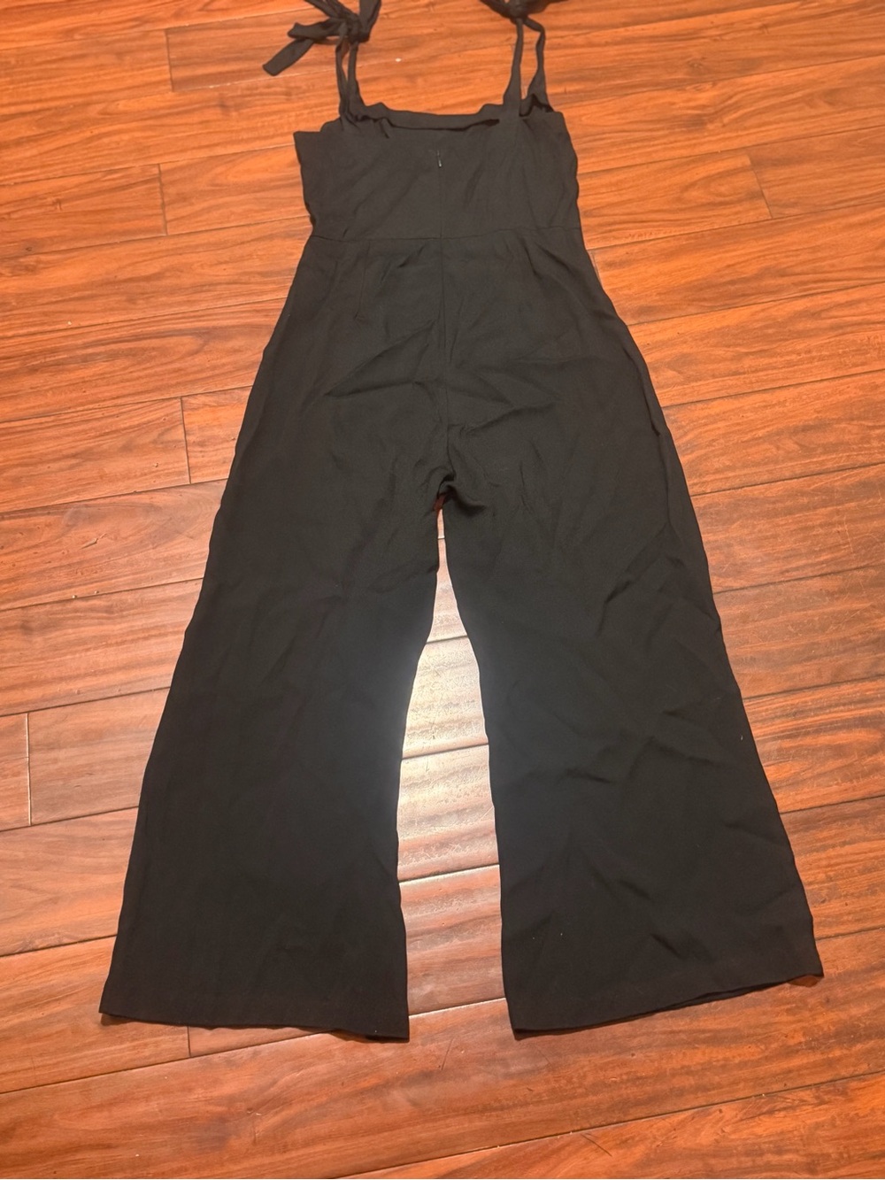 Reformation Black Tie-Shoulder Square-Neck Jumpsuit, Cropped Flare - Picture 9 of 13
